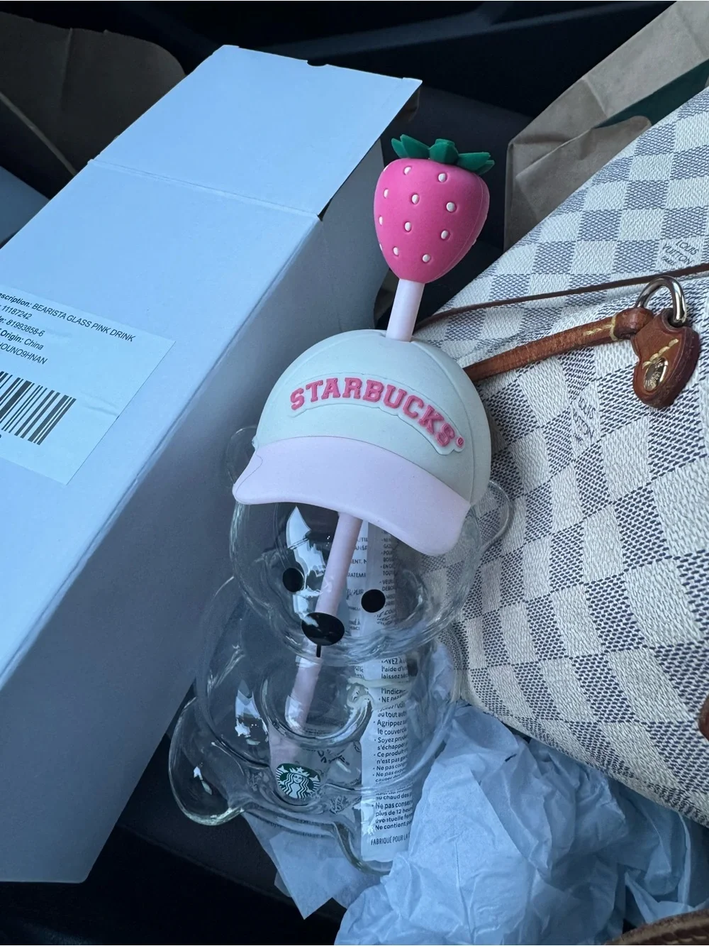 Starbucks Clear Bear Tumbler with Pink Strawberry Hat and Straw
